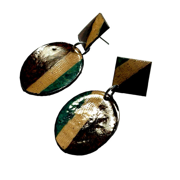 Vintage Wood Pierced Earrings Drop & Dangle Wooden Lacquer Brown Yellow Green - Picture 5 of 8